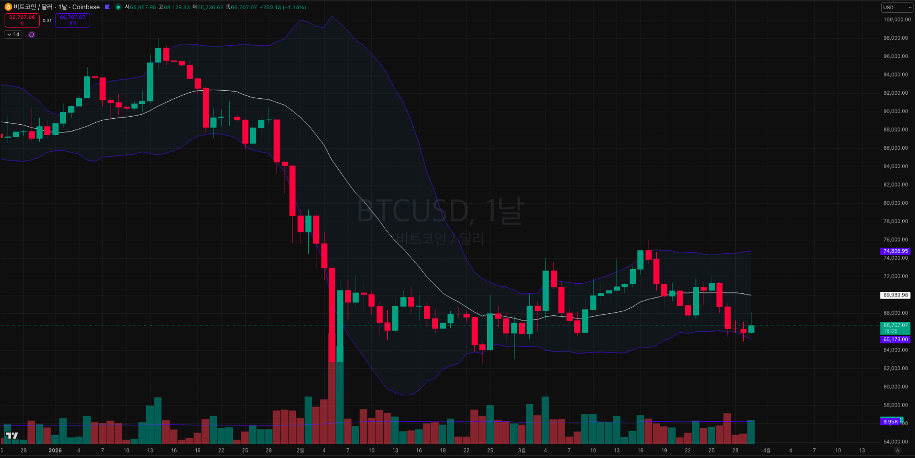 비트코인 차트 분석: $65,000 지지선이 핵심 분기점